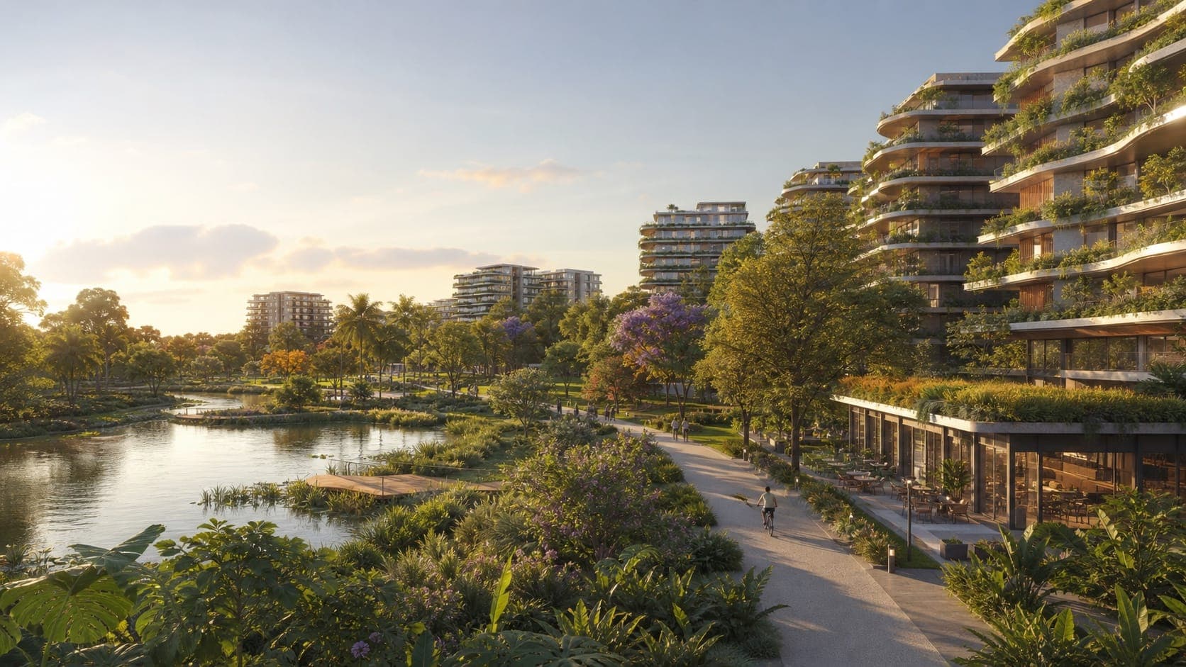 Visualização conceitual do parque linear e das torres do VivaPark, em Porto Belo