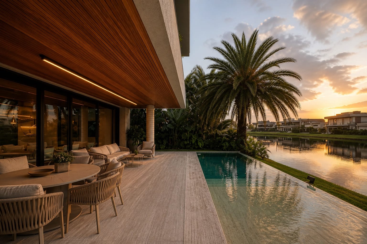 Casa em condomínio à beira de laguna no fim da tarde
